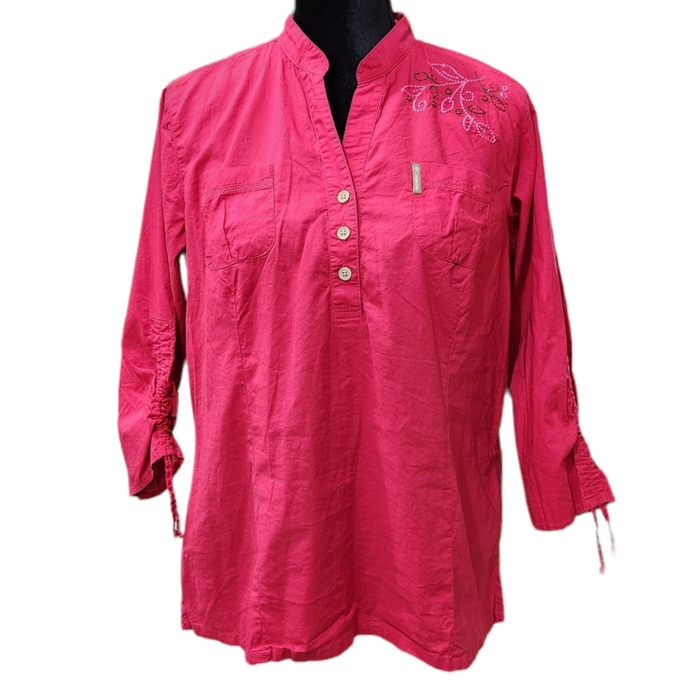 ❤️2/$18 Columbia Floral Embroidered Pink Front Pockets Casual Blouse L